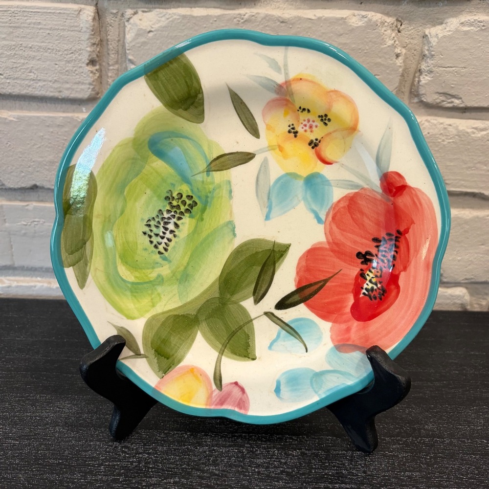Pioneer Woman Flea Market Floral Scalloped Salad Plate Turquoise Red Stoneware